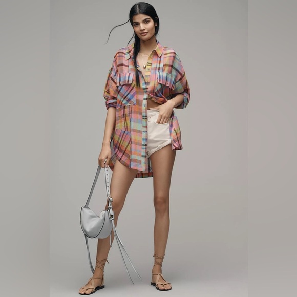 NWT Pilcro XXS/XS Long-Sleeve Mixed Madras Plaid Oversized Buttondown Shirt - Picture 12 of 15